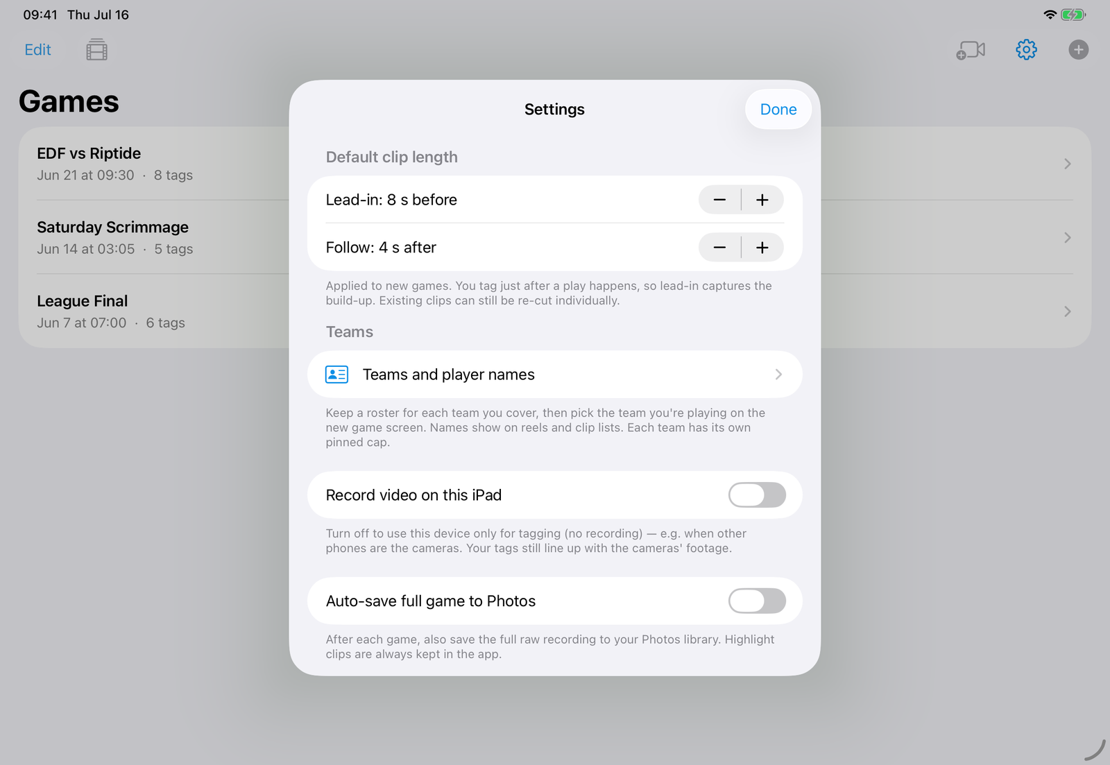 Settings, Teams section