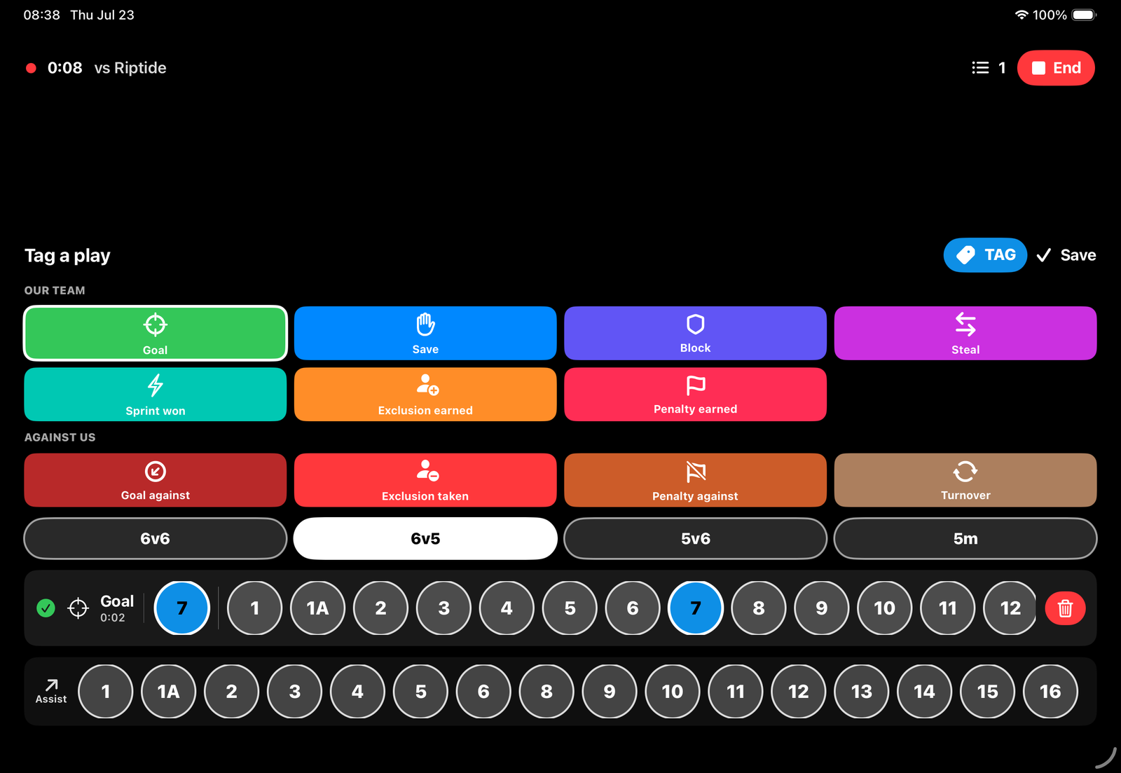 The tag palette: two groups of events, situation chips, and the cap row with player names